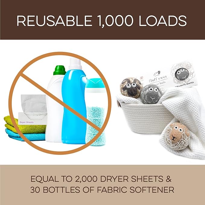 Fluff Ewes Wool Dryer Balls 3 Pack Premium New Zealand Wool Laundry Balls for Dryer, No Static Dryer Balls Laundry Reusable Cute - XL Wool Dryer Balls Cute, Baby Dryer Balls for Dryers - Lights-PawvioPets