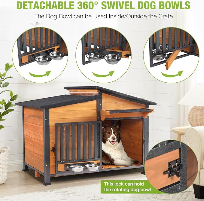 Dog House Outdoor with Bowls Weatherproof Dog Kennel with Anti-Chewing Iron Frame Dog Shelter for Small Medium Dogs-PawvioPets