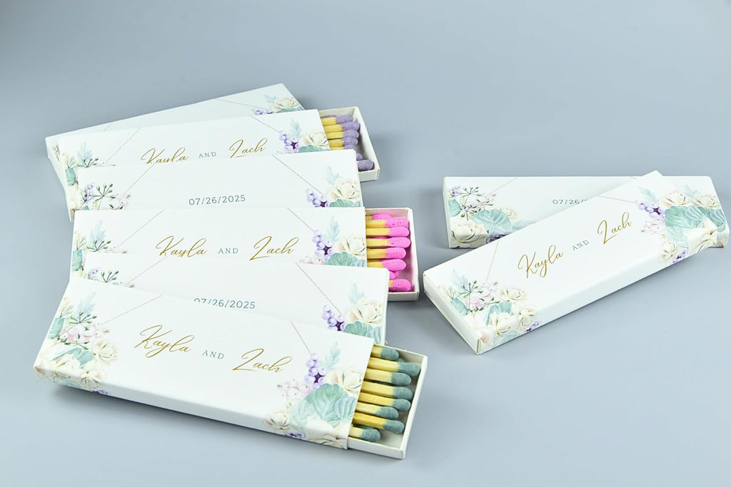 10 Boxes - Customized Matchboxes Colorful Tips (Wedding Design #5, 4" Matchboxes) (4" Matchsticks, Wedding Design #5)