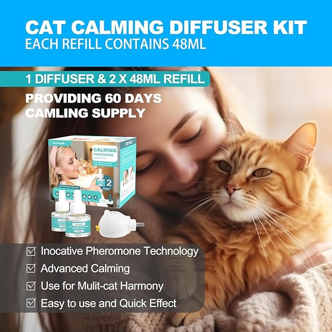 Cat Calming Diffuser, Cat Pheromones Calming Diffuser, Effectively Relieve Anxiety Stress Cat Diffuser Calming Multicat with 1 Diffuser + 2 Refill 48ml Last 60 Days Fits All Cats-PawvioPets