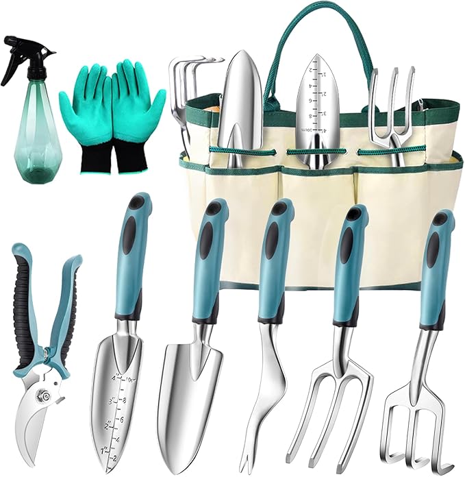 Garden Tool Set 9 PCS, Heavy Duty Gardening Hand Tools for Women, Durability Garden Tool Bag, Rust-Proof Aluminum Gardening Supplies, Ideal Gifts for Women and Men-PawvioPets
