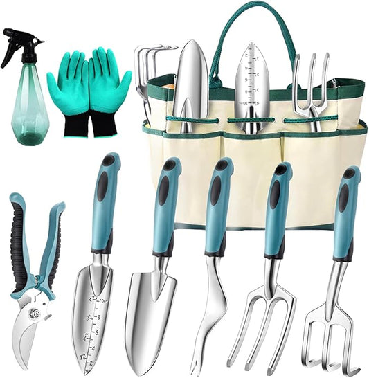 Garden Tool Set 9 PCS, Heavy Duty Gardening Hand Tools for Women, Durability Garden Tool Bag, Rust-Proof Aluminum Gardening Supplies, Ideal Gifts for Women and Men-PawvioPets