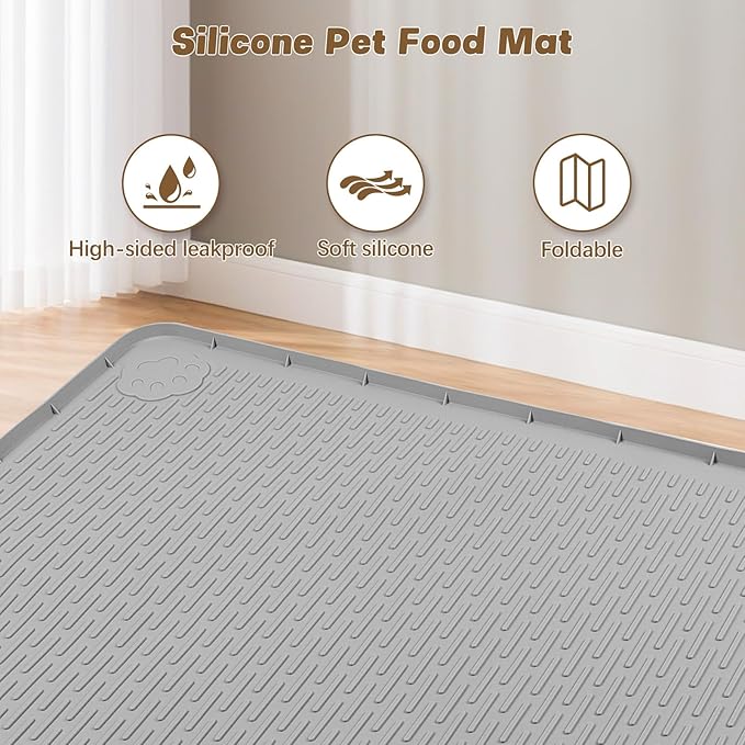 Cat Food Mat, 40" x 28" Extra Large Silicone Pet Feeding Mat with Raised Edge Pet Placemat for Food and Water Bowl Non-Slip, Easy to Clean, Floor Protection (Grey)-PawvioPets