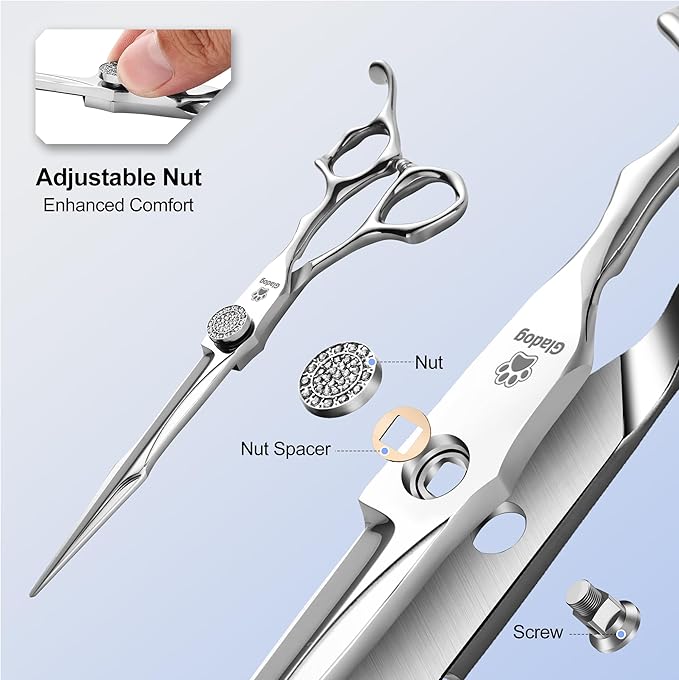 GLADOG 7" Premium 9CR Dog Grooming Scissors with Full Diamond Pivot Nut - Professional Straight Dog Scissors for Grooming, Ideal Dog Shears for Precise Trimming, Pet Grooming Scissors, Grooming Shear-PawvioPets