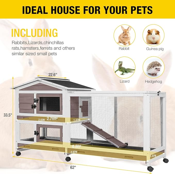 Aivituvin Rabbit Hutch Rabbit Cage Indoor with Casters Bunny Cage Outdoor for Small Animals with Pull-Out Tray-PawvioPets