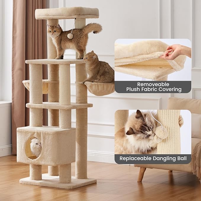 Gardner Pet 65in Heavy Duty Cat Tree Tower for Large Cats, Multi-Level Cat Furniture with Replaceable Sisal Scratching Post, Hammock | Extra-Large Platform & Condo (Upgraded Beige)-PawvioPets