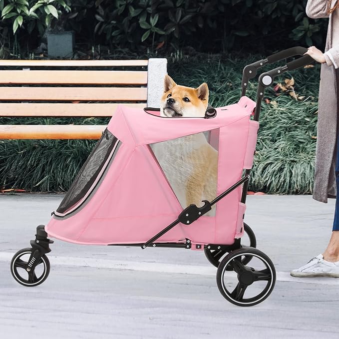 Athena Collection 3 Wheels Pet Stroller Fabric Dog Cart Dog Stroller for Large Dogs 55 Lbs Pet Stroller with Mesh Windows, Zipper Back Pocket, Safety Tether, Angle Adjustable Handlebar, Pink-PawvioPets