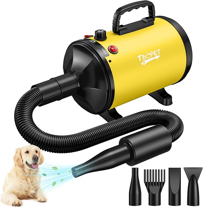 Dog Dryer High Velocity Dog Hair Dryer with 4 Nozzles 5.2HP/3800W (Professional Super Cyclone), Stepless Adjustable Speed Temperature Dogs Grooming Blow Dryer with Heater for Pets Hair Dryer, Yellow-PawvioPets