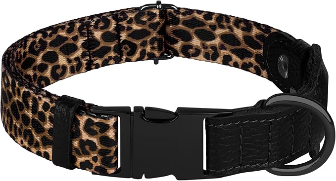 AirTag Dog Collar for Small Medium Large Breed - Adjustable Cute Pattern Dog Collar with Airtag Holder - Soft Leather Tracker GPS Apple Air Tag Pet Collars (Small, 12"-15" Neck Fit, Leopard)-PawvioPets