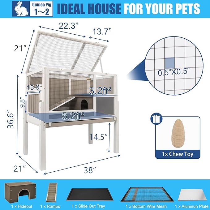 38" L Rabbit Hutch Bunny Cage,Fir Wood Rabbit Cage Indoor Outdoor with Pull Out Tray,Bunny Hutch with Ramp and Hideout,Guinea Pig Cages Rabbit Hutch Indoor with Detachable 4 Legs-PawvioPets