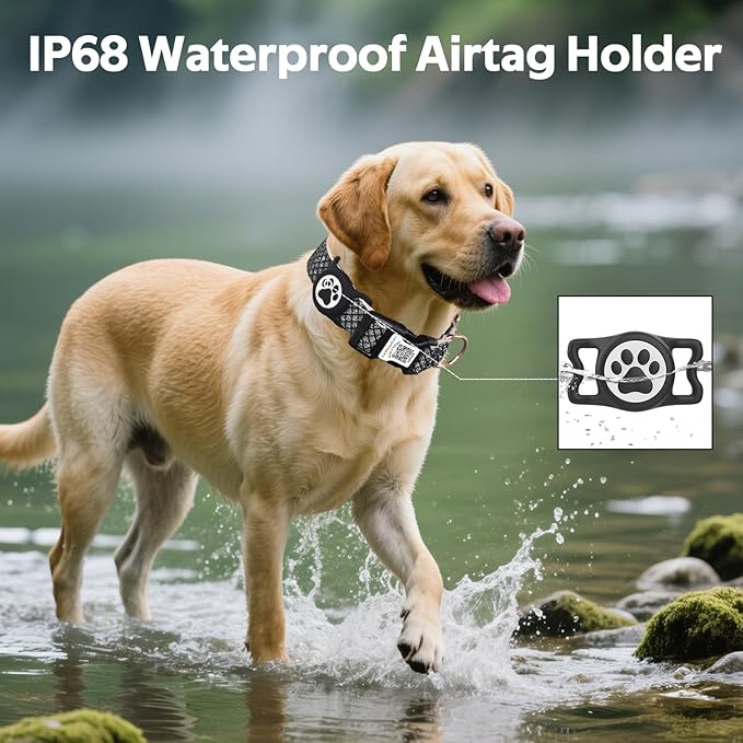 Dog Collar with Waterproof AirTag Holder & Anti-Lost QR Code, Cute Bling Warpping Adjustable Width for Small Medium Large Pet (Black, S)-PawvioPets