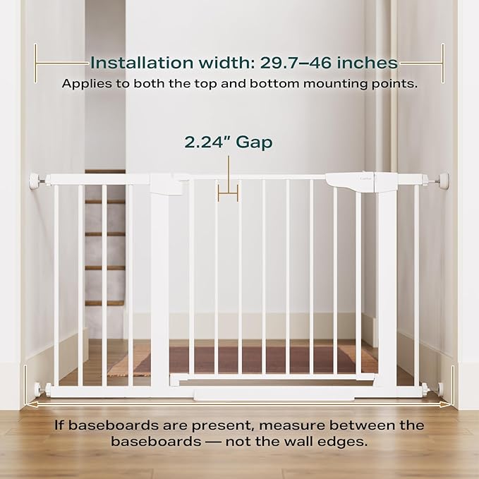 Cumbor 29.7-46" Baby Gate for Stairs, Toddler Safety Essentials for The House, Auto Close Dog Gate for Doorways, Mom's Choice Awards Winner-Easy Install Pressure Mounted Pet Gates for Dogs, White-PawvioPets