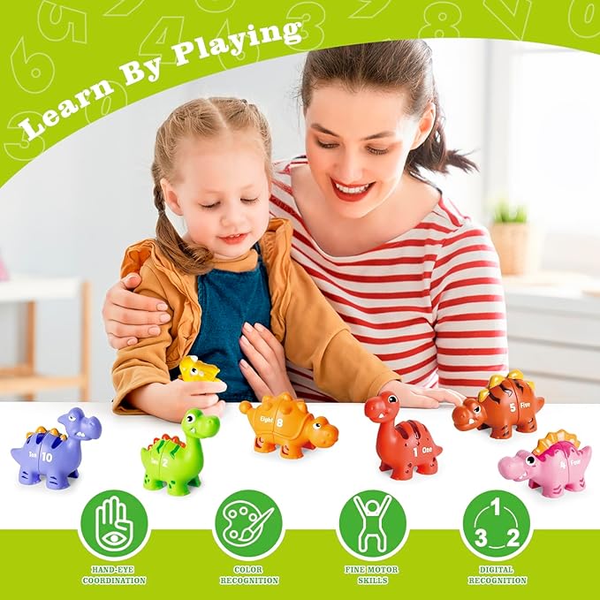 20 PCS Dinosaur Number Learning Toys for Toddlers Kids 3-5, 10 Different Dinosaur Figures, Double Sided Number Matching Game, Preschool Activities Montessori Fine Motor Toys for Toddlers Kids-PawvioPets