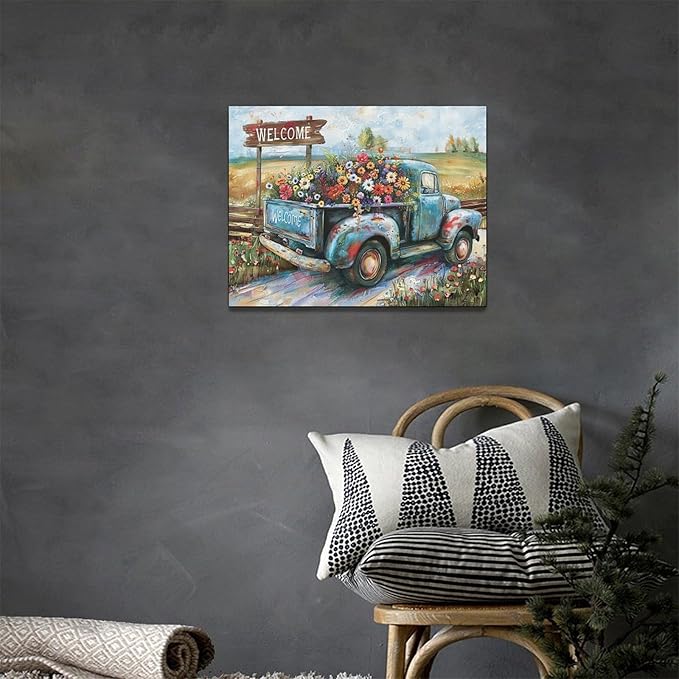 Farmhouse Truck Wall Art Rustic Country Wildflowers Wall Decor Road Flowers Landscape Pictures Canvas Print Painting Artwork for Bathroom Living Room Bedroom 12"x16"-PawvioPets