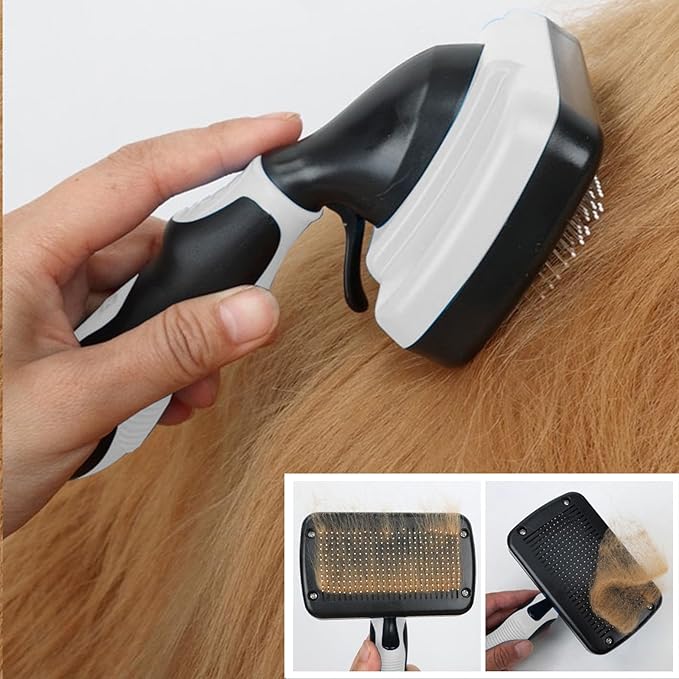 Dog Brush Kit for Grooming Short & Long Haired Dogs & Cats, 4-in-1 Pet Grooming Set with Self-Cleaning Slicker Brush, Deshedding Tool, Shampoo Bath Comb, Massge Comb (White Black)-PawvioPets