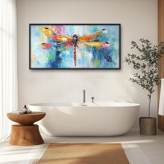 Extra Large Abstract Dragonfly Framed Wall Art for Living Room,Oversized Colorful Dragonfly Pictures Wall Decor,Teal Canvas Print Painting Modern Artwork Bedroom Office Bathroom 60L" x 30W"-PawvioPets