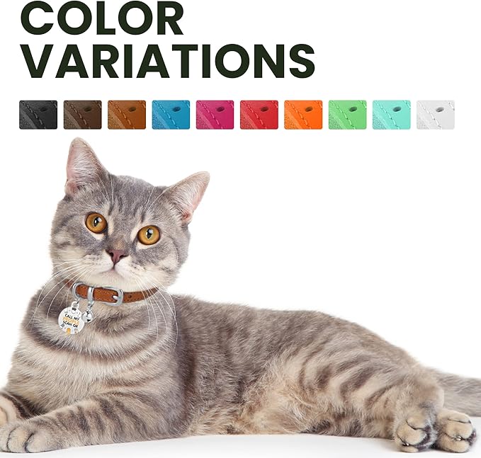 BRONZEDOG Leather Cat Collar with Removable Bells Non Breakaway Kitten QR Tag for Girl Boy (7" - 9" for Cats, Light Brown & Silver)-PawvioPets