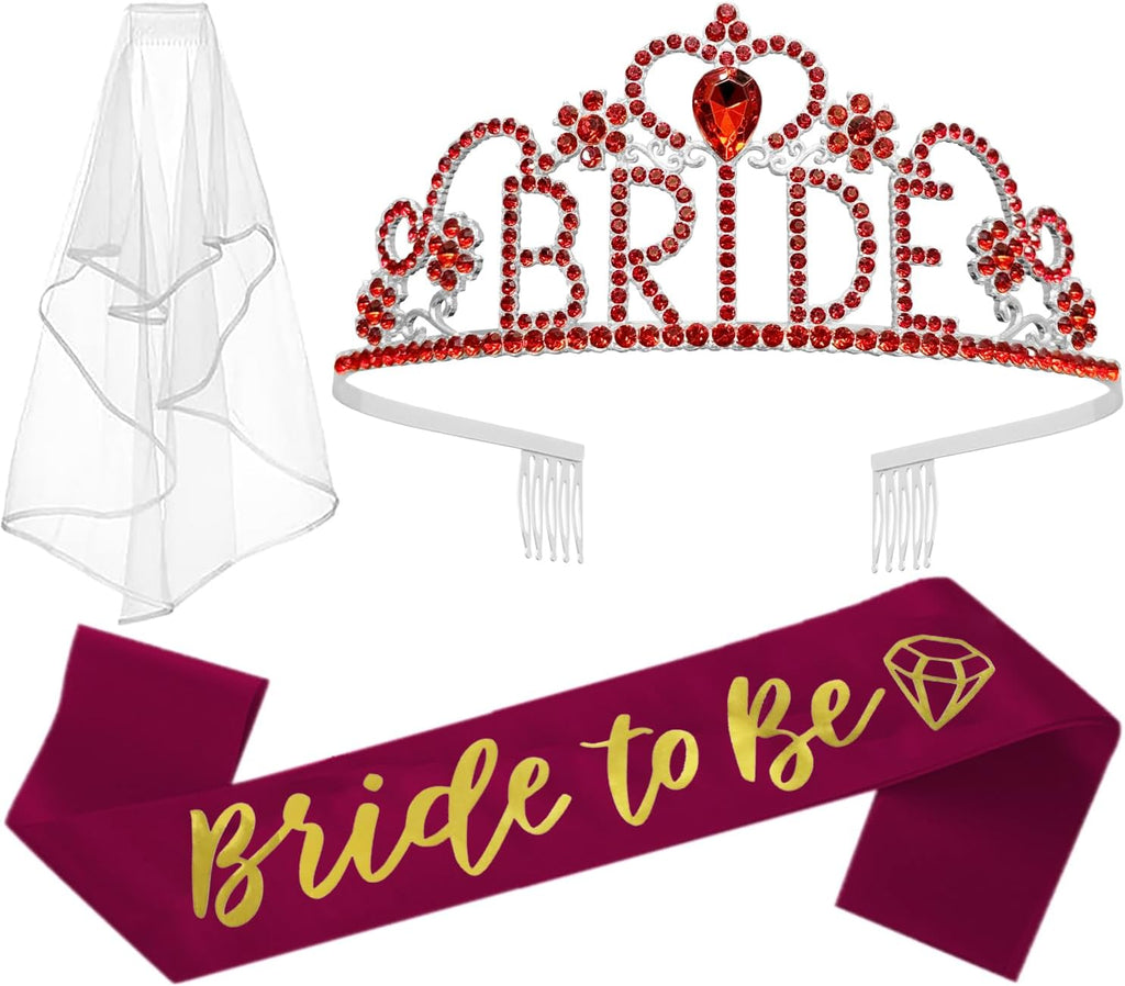 JETKONG 3 Pcs Bachelorette Party Decorations BRIDE Crown, Bride to Be Sash&Veil for Women Bachelorette Party Gifts, Bridal Shower Supplies, Gifts, Favors (Red)