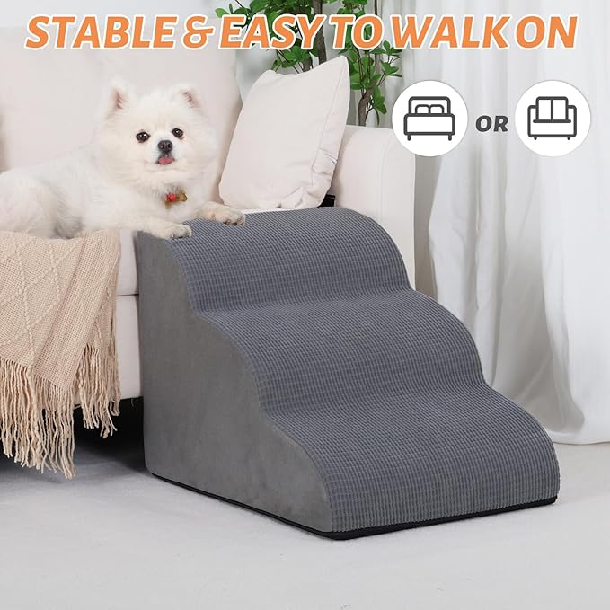 3-Step Dog Ramp and Stairs for Sofa and Chair - Non-Slip Sturdy Pet Steps for Small Dogs and Cats,15.7" H,Grey-PawvioPets