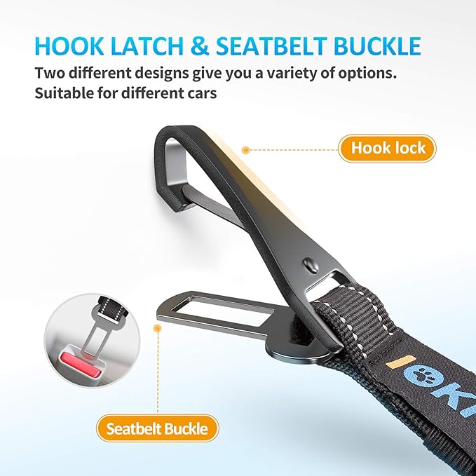 Dog Seat Belt 3-in-1 Car Harness for Dogs Adjustable Safety Seatbelt for Car Nylon Reflective Bungee Fabric Dog Car Harness with Clip Hook Latch & Buckle, Swivel Zinc Alloy Carabiner (Black)-PawvioPets