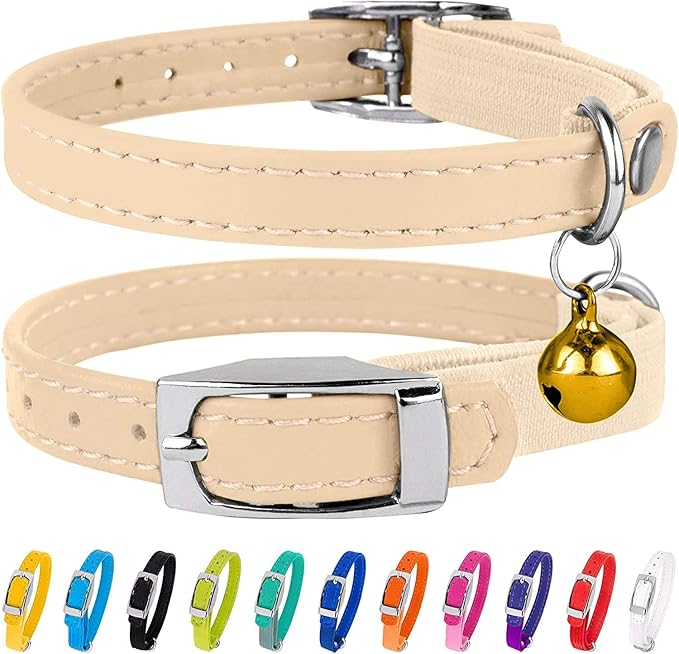 CollarDirect Leather Cat Collar, Kitten Collar with Removable Bell Black Blue Red Orange Lime Green (6-7 Inch, Beige)-PawvioPets