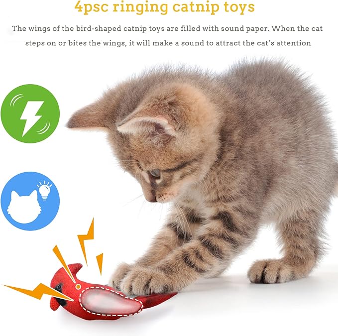 Dorakitten Cat Catnip Toys Interactive Cats 4pcs Kitten Plush Nip Chew Bird Toy with Crinkle Paper Pet Best Treats Stuffed Pillow Cute Teething Play Gifts Soft Kick Sound Supplies for Indoor Kitty-PawvioPets