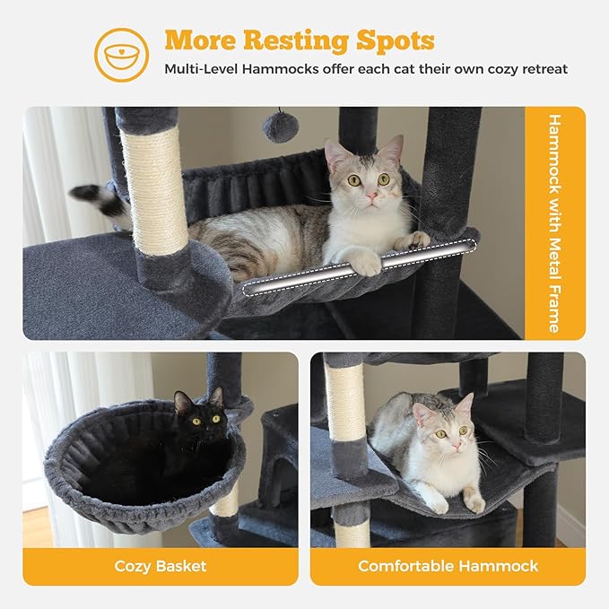 81" Heavy Duty Cat Tree for Large Cats up to 20lbs - Extra Tall Cat Tower with Metal Frame Hammock, 6 Sisal Scratching Posts, 2 Perches - Indoor Cat Furniture for Maine Coon, Dark Gray-PawvioPets