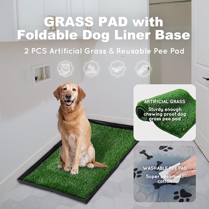 Dog Grass Pad with Foldable Dog Litter Box,Extra Large Liner Base for Balcony，Ultra-Absorbent Artificial Grass Pads for Dogs Pee Pad Holder, Potty Training, 2 PCS Reusable Pee Pad-PawvioPets