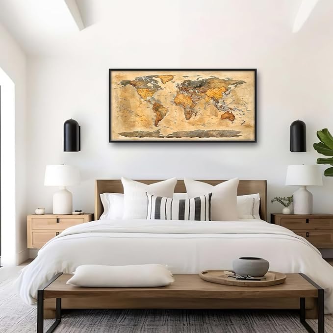 Extra Large World Map Framed Wall Art for Living Room,Oversized Vintage Map of The World Pictures Wall Decor,Canvas Print Painting Modern Artwork Bedroom Office Bathroom 60L" x 30W"-PawvioPets