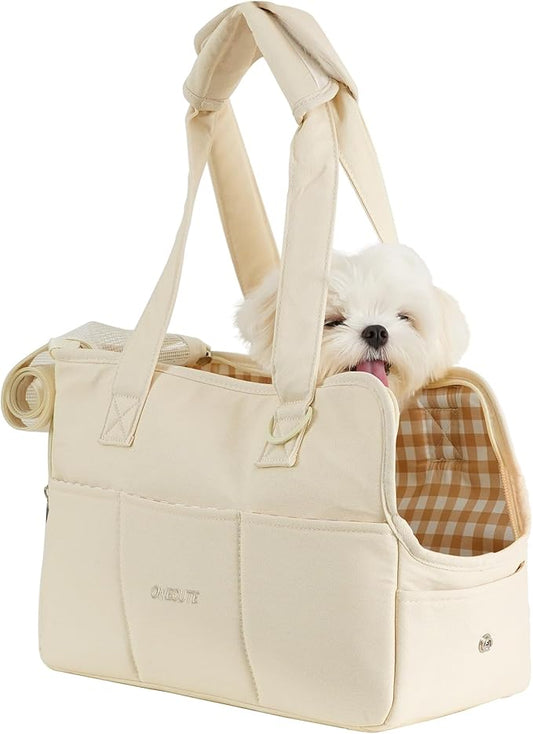 Dog Carrier for Small Dogs Rabbit cat with Large Pockets, Cotton Bag, Dog Carrier Soft Sided, Collapsible Travel Puppy Carrier (Beige, 17" L x 7.5" W x 12" H)-PawvioPets