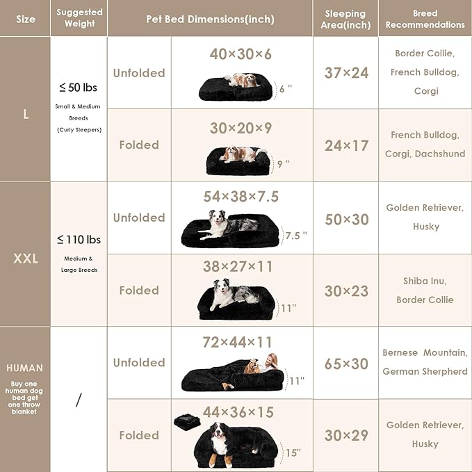 EHEYCIGA Foldable XXL Dog Bed, Faux Fur Fluffy Pet Couch Bed for Extra Large Dogs, Orthopedic Calming Memory Foam Big Pet Bed, Washable Soft Pet Sofa Bed with Non-Slip Bottom, Black, 54"x38"x7.5"-PawvioPets