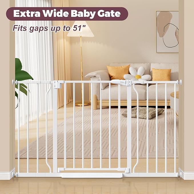 29"-51" Baby Gate for Stairs, Auto Close Stroller Friendly Dog Gate Indoor for Doorways, Pressure Mounted Baby Gate, Easy Walk Through Gate for Children & Pets, White-PawvioPets