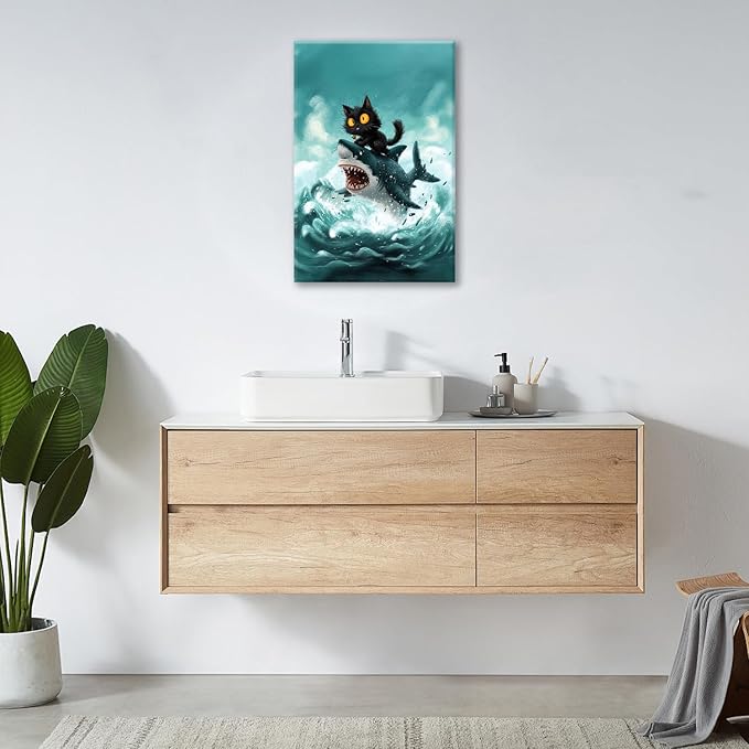 Funny Black Cat Bathroom Wall Art Cute Cat Riding Shark Canvas Wall Decor Animal Kitten Pictures Painting Print Artwork Framed Decorations Gifts for Cat Lover Kids Room Bedroom 16"x24"-PawvioPets