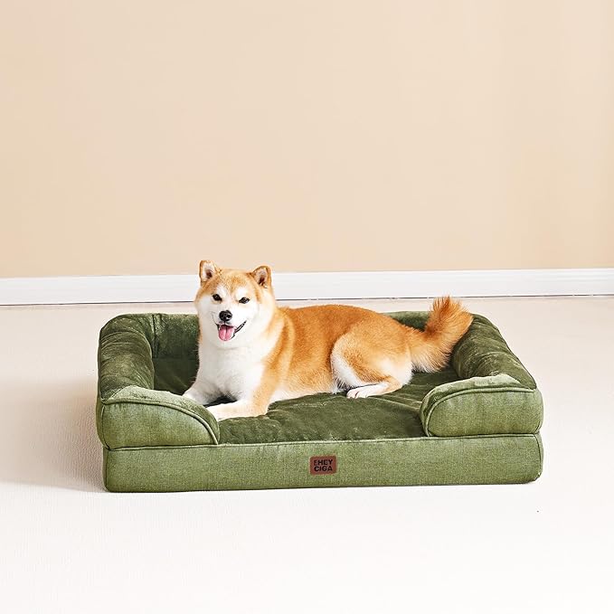 EHEYCIGA Orthopedic Dog Beds Large Sized Dog, Waterproof Memory Foam Pet Bed with Sides, Non-Slip Bottom Large Pet Bed with Washable Removable Cover, Olive Green-PawvioPets