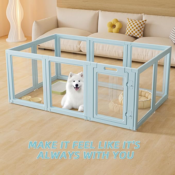 DIY Clear Acrylic Dog Playpen House,Quick Easy Assembly and Disassembly,Strong Floor Suction,Indoor and Outdoor Use,Easy Cleansing Puppy Fence (Sky Blue, 30.3" H, 10PCS)-PawvioPets