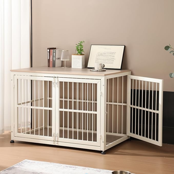 48" Rustic Heavy Duty Dog Crate Furniture for Extra Large Dogs, Decorative Pet House End Table, Wooden Cage Kennel Furniture Indoor, Double-Doors Sturdy Dog Cage-PawvioPets