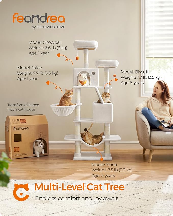 Feandrea Cat Tree, 66.1-Inch Large Cat Tower with 13 Scratching Posts, 2 Perches, 2 Caves, Basket, Hammock, Pompoms, Multi-Level Plush Cat Condo for Indoor Cats, Cream White UPCT165T01-PawvioPets
