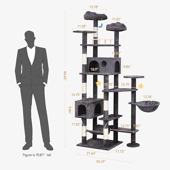 85in Giant Cat Tree for Heavy Duty Big Cats, Large Cat Trees with Scratching Post, Cat Tree Tower with Cat Condos, Hammock & Plush Perch for Maine Coon, Smoky Gray-PawvioPets