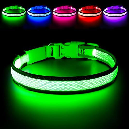 Flashseen LED Dog Collar, Light Up Dog Collar Lights USB Rechargeable, Adjustable Comfortable Soft Mesh Safety Collar for Small, Medium, Large Dogs(Large, Neon Green)-PawvioPets