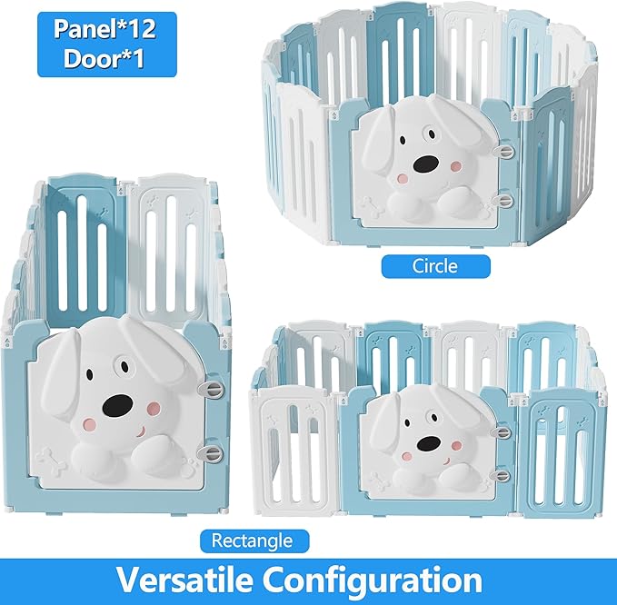 Foldable Dog Play Pen Indoors, Non-Slip Sturdy Puppy Playpen with Door, 25.5" H 12-Panel Adjustable Shape Dog Fence Pen for Small/Medium Dogs, Thickened, Easy to Store, White+Blue-PawvioPets