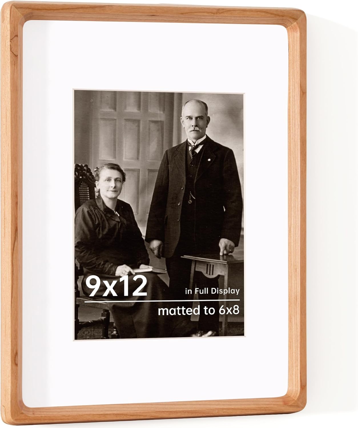 9x12 Picture Frame USA-Sourced Natural Cherry Wood Solid Original Wood Photo Frame Rounded Corner with Mat to 6x8 Picture Display with Real Glass Family Picture, Wedding Picture, Photo, Certificate