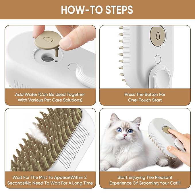 4-in-1 Cat Steam Brush for shedding – Self-Cleaning Comb for Long and Short Hair Cats and Dogs, Steam Pet Brush for Hair Removal, Vibrating Message, Grooming & Relaxation (White)-PawvioPets