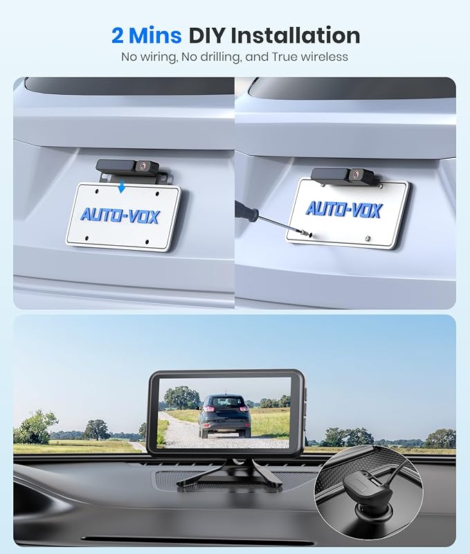 AUTO-VOX Solar Wireless Backup Camera with 5" 1080P Monitor: 5000mAh Battery 2 Mins DIY Installation & 2 Split Screen Back Up Camera, IP69K Waterproof Reverse Camera for Car, Van, SUV, Truck, Trailer-PawvioPets