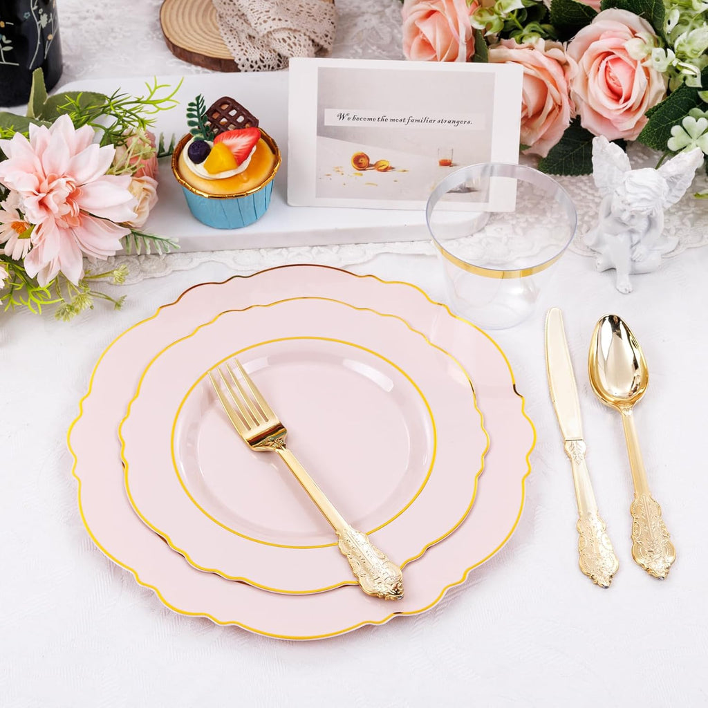 Liacere 350PCS Pink Plates Disposable - Pink and Gold Plates 50guest Baroque Plastic Dinnerware include 100Plates, 50Pack Pre Rolled Napkins with Silverware 50Cups Perfect for Wedding＆Mother's Day