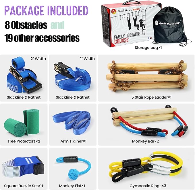 2×56ft Ninja Warrior Obstacle Course for Kids - 600 lbs Weight Capacity, Slackline Obstacle Course with 8 Ninja Accessories - Monkey Bar, Rope Ladder, Gymnastic Ring, Arm Trainer and Monkey Fist-PawvioPets