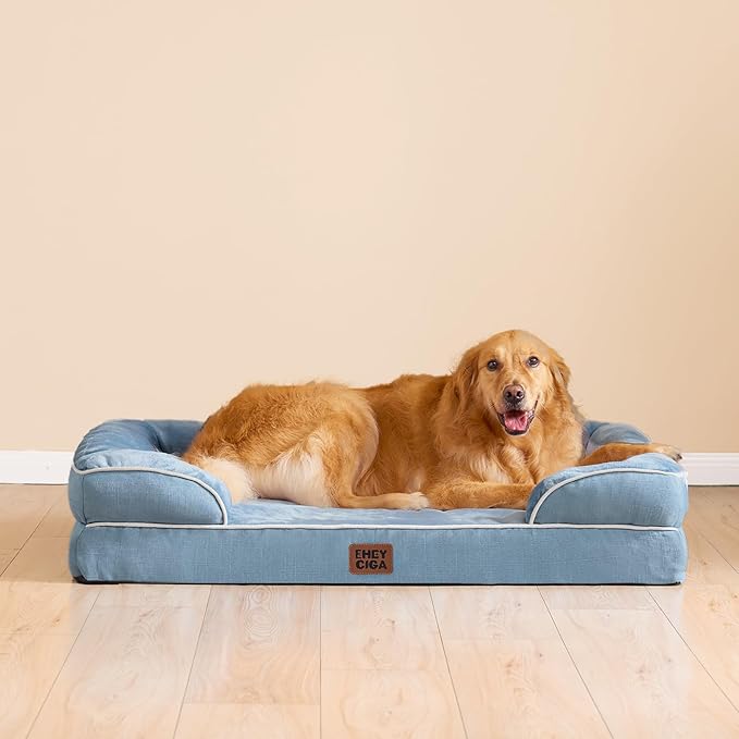 EHEYCIGA Orthopedic Dog Beds for Extra Large Dogs, Waterproof Memory Foam XL Dog Bed with Sides, Non-Slip Bottom and Egg-Crate Foam Big Pet Bed with Washable Removable Cover, Washed Blue-PawvioPets