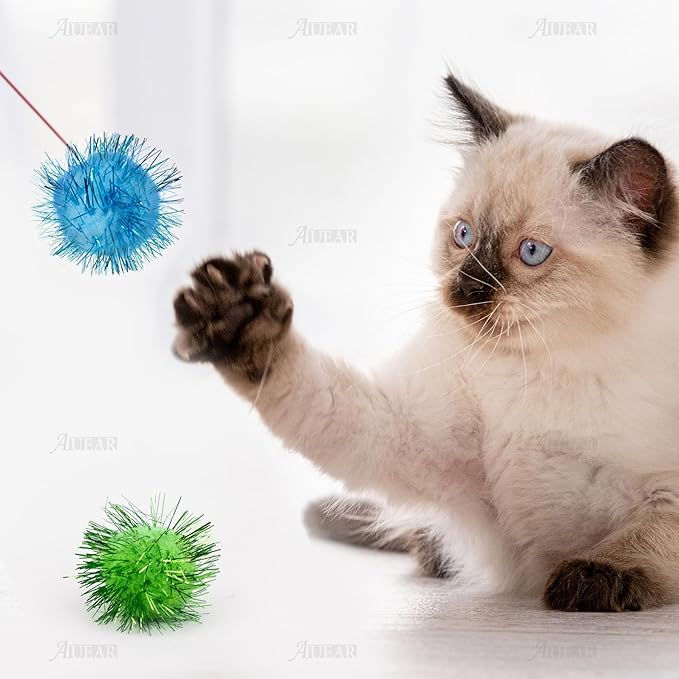 AUEAR, 20 Pack Sparkle Balls 1.5 Inches Tinsel Poms for Cats Pets Assorted Colors-PawvioPets