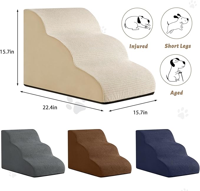3-Step Dog Ramp and Stairs for Sofa and Chair - Non-Slip Sturdy Pet Steps for Small Dogs and Cats,15.7" H,Beige-PawvioPets