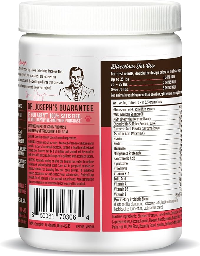 Dr. Joseph's VetPro Complete Multivitamin Dog Supplement, 120 Count (Large Dog 60 Day Supply), 5in1 Chew with Vitamins, Enzymes & Nutrients, Hip & Joint Health, Immune System & Allergy Support-PawvioPets