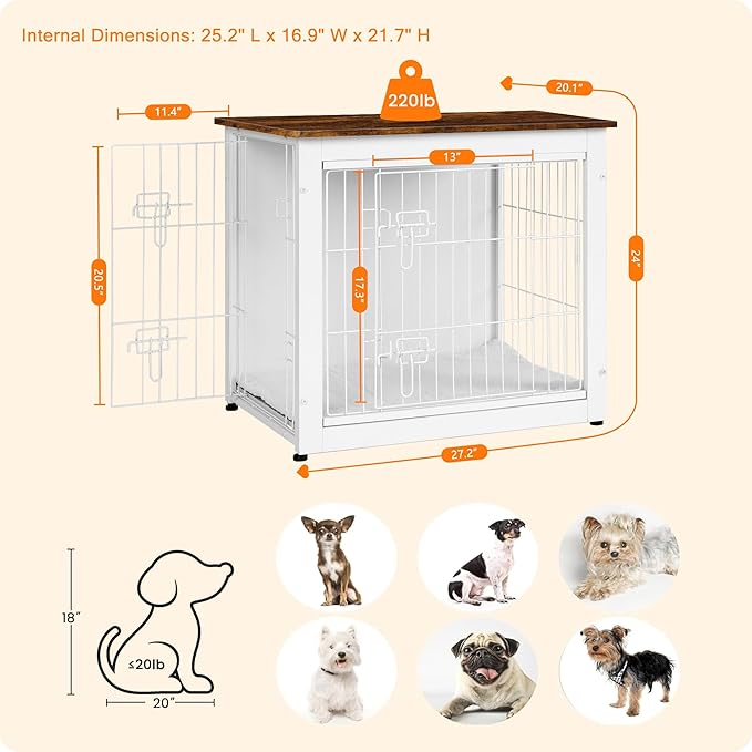 DWANTON Dog Crate Furniture with Cushion, Wooden Kennel Table with Double Doors, Indoor Dog House, Small/Medium/Large Size, 27.2" L, White+Rustic Brown-PawvioPets